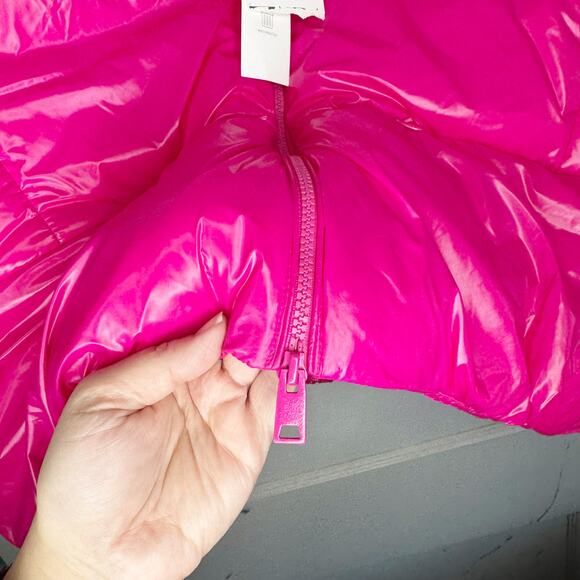 Zara Glossy Shiny Vinyl Puffer Jacket Hot Pink High Neck NEW Size Large L Baddie - Picture 8 of 16